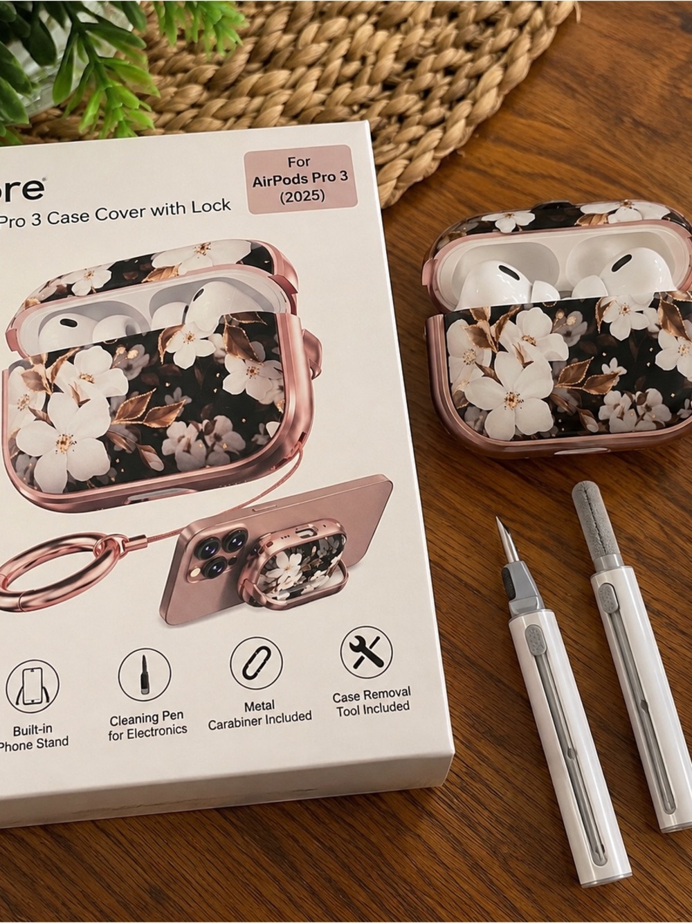 AirPods Pro 3 Floral Protective Case with Lock - Rose Gold